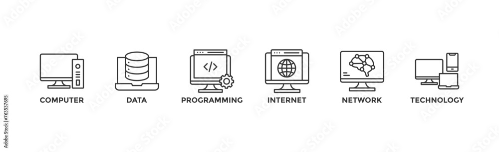 Information technology banner web icon vector illustration concept with icon of computer, data, programming, database, internet, network, and technology Information technology banner web icon vector illustration concept with icon of computer, data, programming, database, internet, network, and technology
