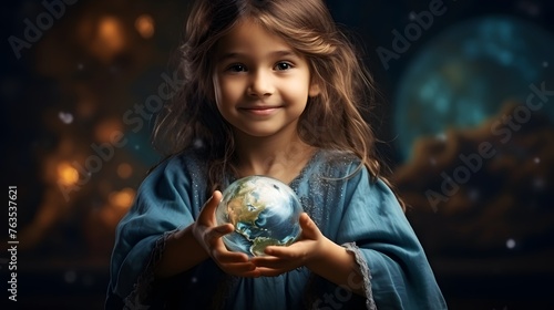 A little girl is holding a globe. Earth day concept