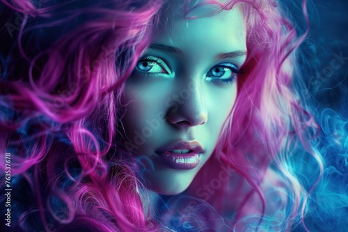 Beautiful girl with pink hair and blue eyes