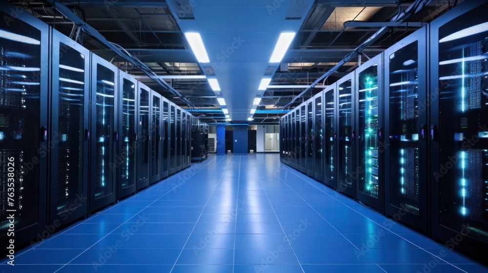 Depict a state of the art data center with rows of server racks, cooling systems, and redundant power supplies Depict a state of the art data center with rows of server racks, cooling systems, and redundant power supplies