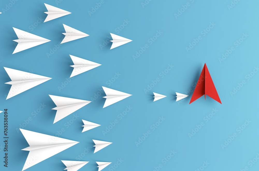 a red paper airplane surrounded by white paper airplanes on a blue background a red paper airplane surrounded by white paper airplanes on a blue background