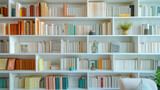 A detailed view of a modern bookshelf in white, with an eclectic mix of small, metal sculptures and pastel-colored books.
