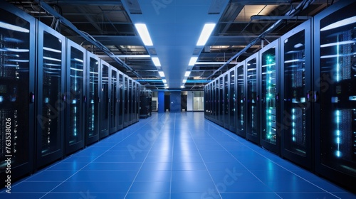 Depict a state of the art data center with rows of server racks, cooling systems, and redundant power supplies © Damian Sobczyk