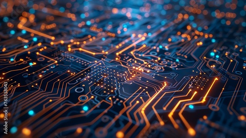 a close up of a computer chip on a circuit board with many lights around it and a blue background