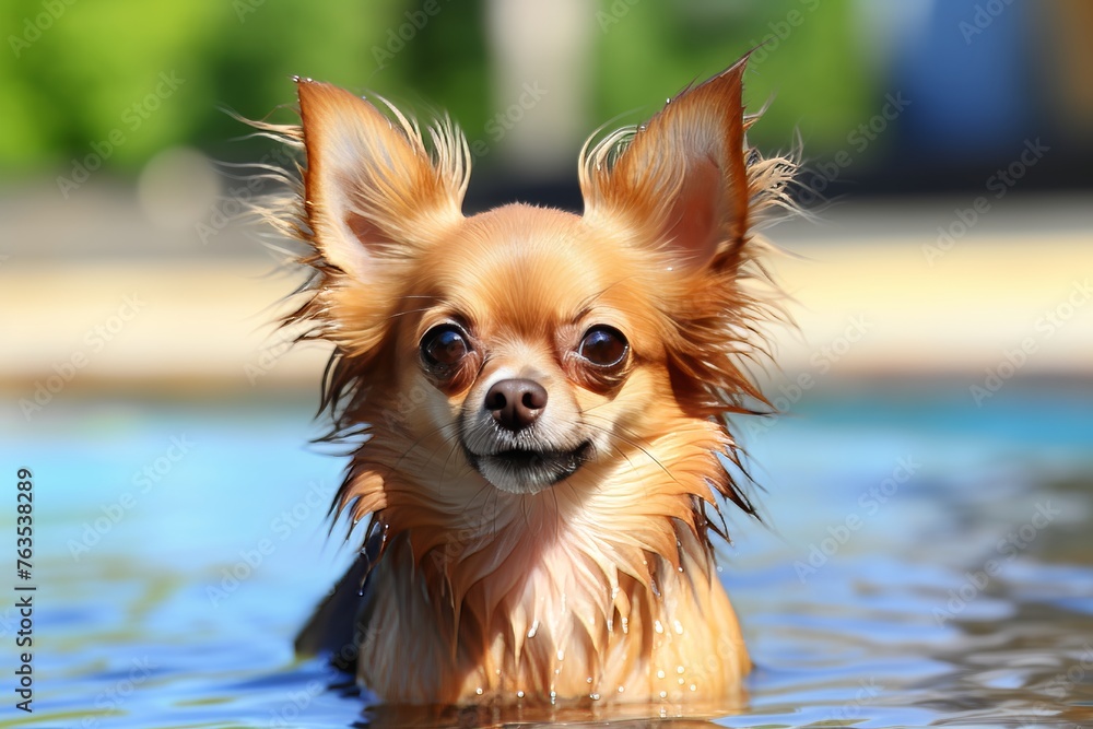 Joyful little dog splashing and playing happily in the refreshing water - obrazy, fototapety, plakaty 