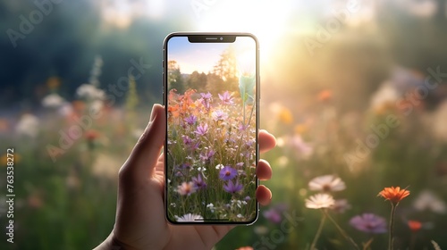 In the Palm of Your Hand: A Smartphone Screen, Cradled by a Hand, Showcasing the Lush Greenery and Vibrant Blooms of a Tranquil Garden
