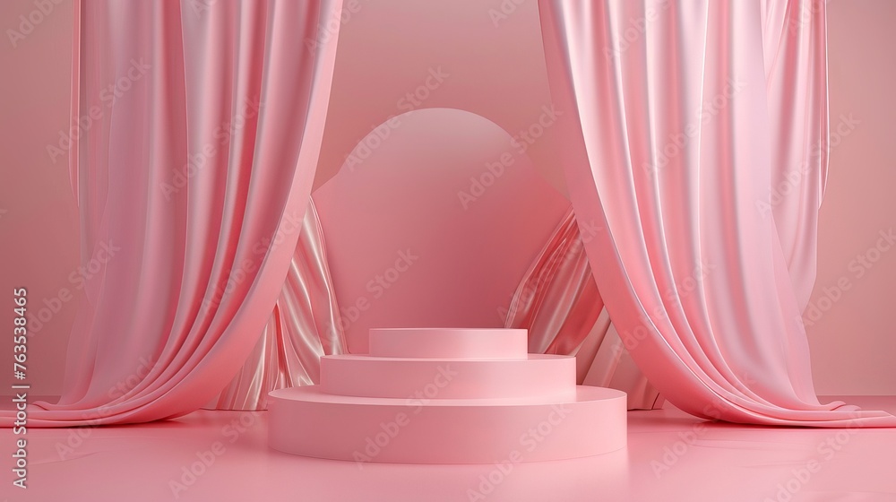 An empty geometric podium with a draped textile fabric on a pink background, designed as a display for product presentations, cosmetics, and perfume.