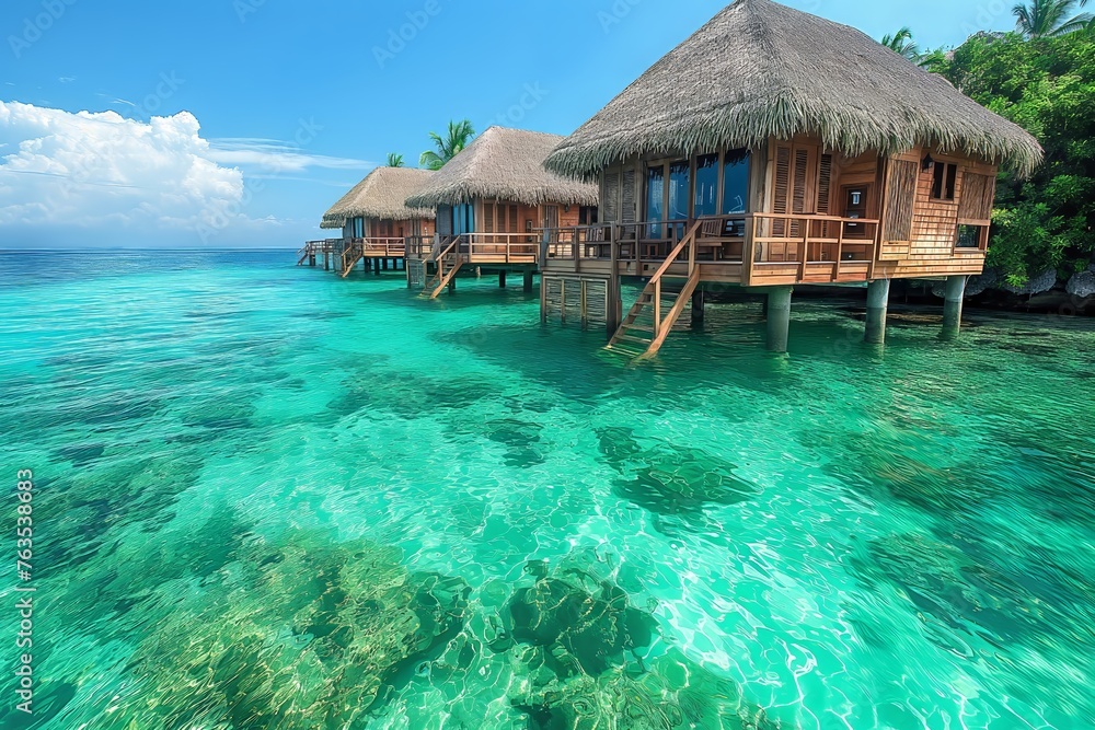 Luxurious Overwater Bungalows Nestled in Tropical Ocean Paradise.