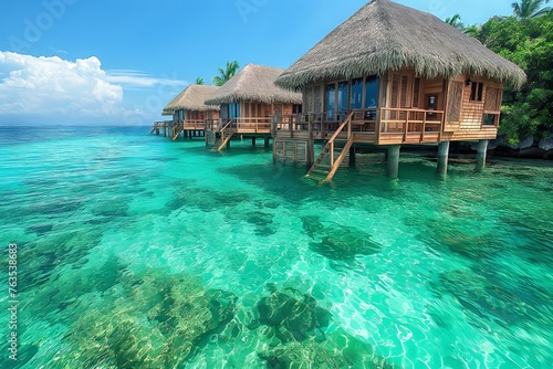 Luxurious Overwater Bungalows Nestled in Tropical Ocean Paradise.