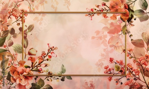 Thin golden frame on watercolor background  space for text