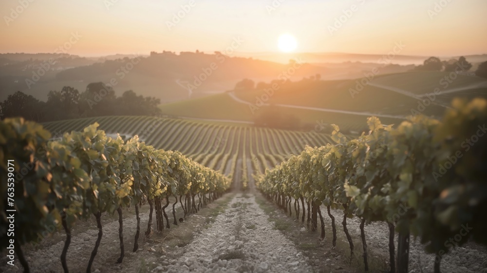 Fototapeta premium Serene Vineyard Bathed in Warm Sunset Light