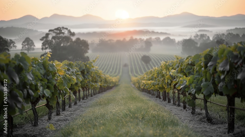 Misty Morning Sunrise Over a Peaceful Vineyard Landscape