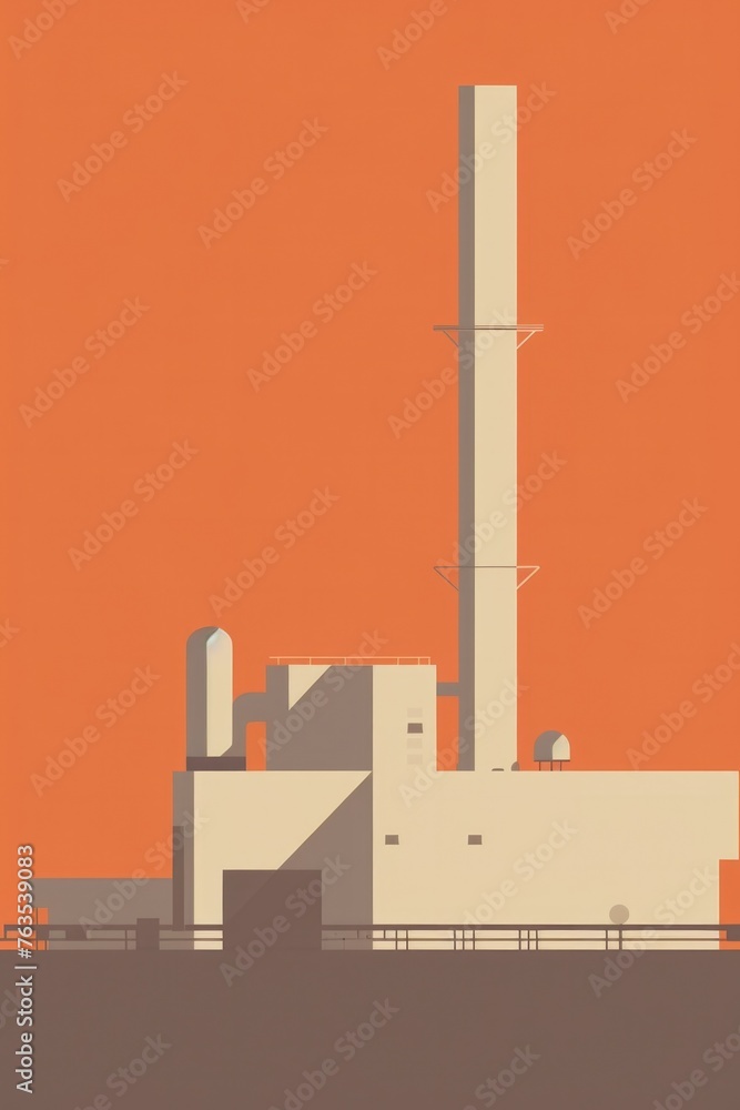 A large industrial building with a tall chimney A large industrial building with a tall chimney