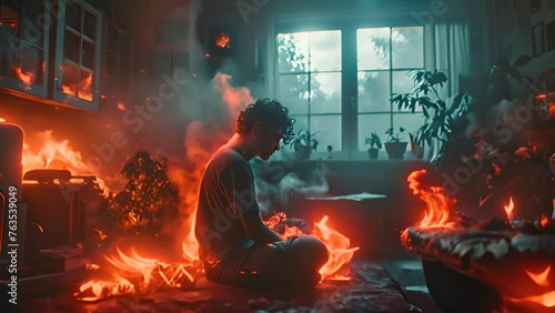 Portrait of inner turmoil: A man contemplates in flames, a visual metaphor for the anguish of living with anxiety,generative ai photo
