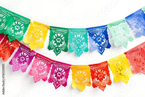 Papel picado on white background. Сinco de Mayo celebration, holiday. Mexican culture concept. Design for banner, poster