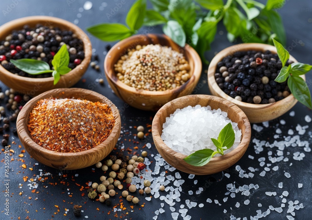Gourmet Spices and Seasonings Assortment in Wooden Bowls on Dark Background Gourmet Spices and Seasonings Assortment in Wooden Bowls on Dark Background