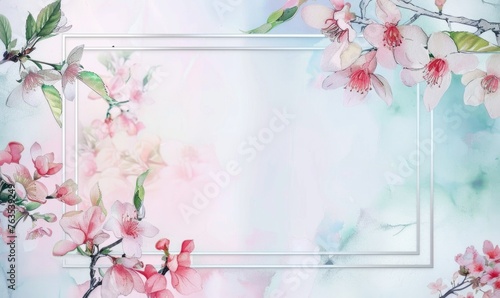 Silver frame in the middle, watercolor flowers, space for text