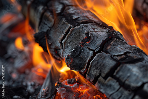 A macro view of the edge of a campfire, where flames meet untouched wood, showcasing the initial moments of combustion.