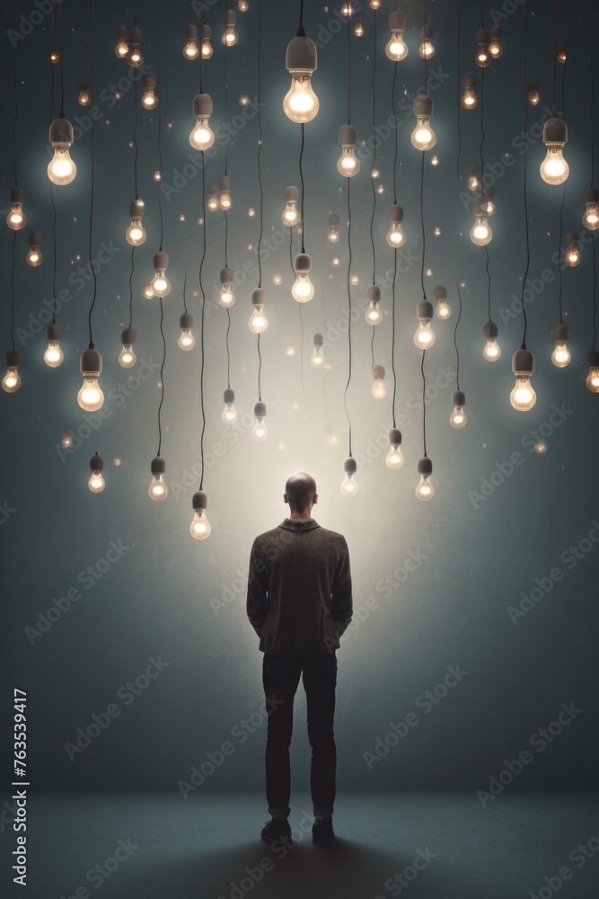 A man stands in front of a lighted ceiling with many bulbs
