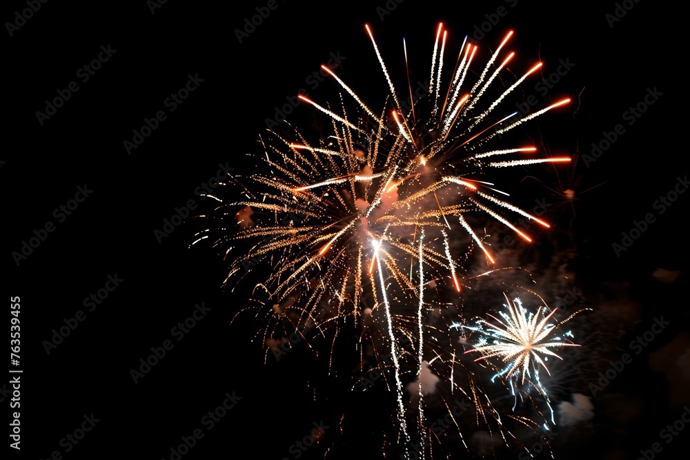 Fireworks exploding in night sky. Сinco de Mayo celebration, holiday. Mexican culture concept. Design for banner, poster