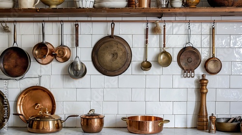 Brass kitchen utensils and chef accessories, including hanging copperware against a backdrop of white tile walls.