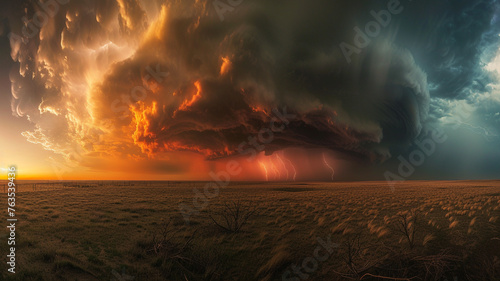 A panoramic view of a towering supercell thunderstorm over a sprawling plain at sunset, lightning illuminating the dark clouds. #763539436