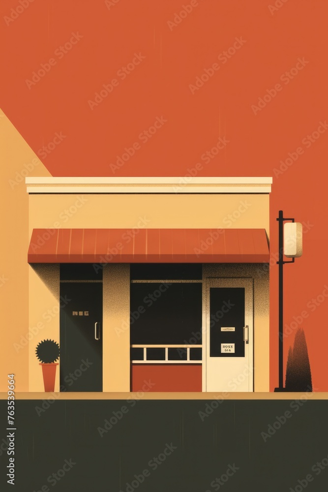 A small storefront with a red awning and a white door A small storefront with a red awning and a white door