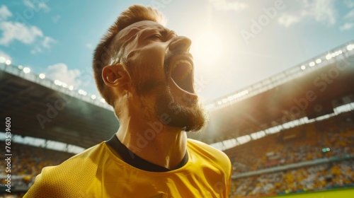 A football player in a yellow T-shirt celebrates victory, unleashing shouts of joy against the backdrop of a football stadium. Emotional celebration of winning the game. 