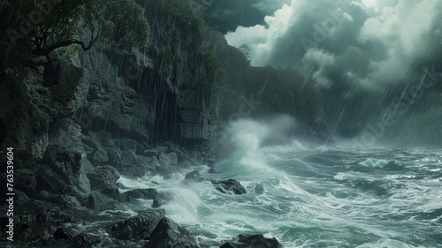 A powerful scene of a monsoon rain lashing against the rocky coastline, with waves crashing over the cliffs.