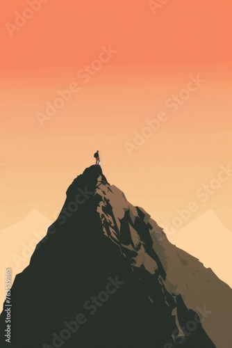 A person is standing on a mountain peak, looking out over the landscape
