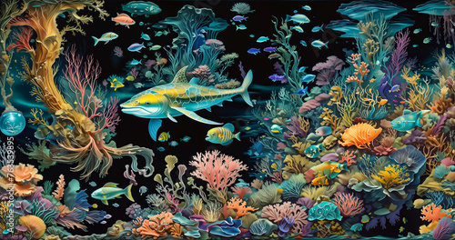 underwater scene with corals and tropical fish.  marine wallpaper. Cute underwater world and coral reef inhabitants. undersea fauna of tropics. fantasy background  illustrations of animals