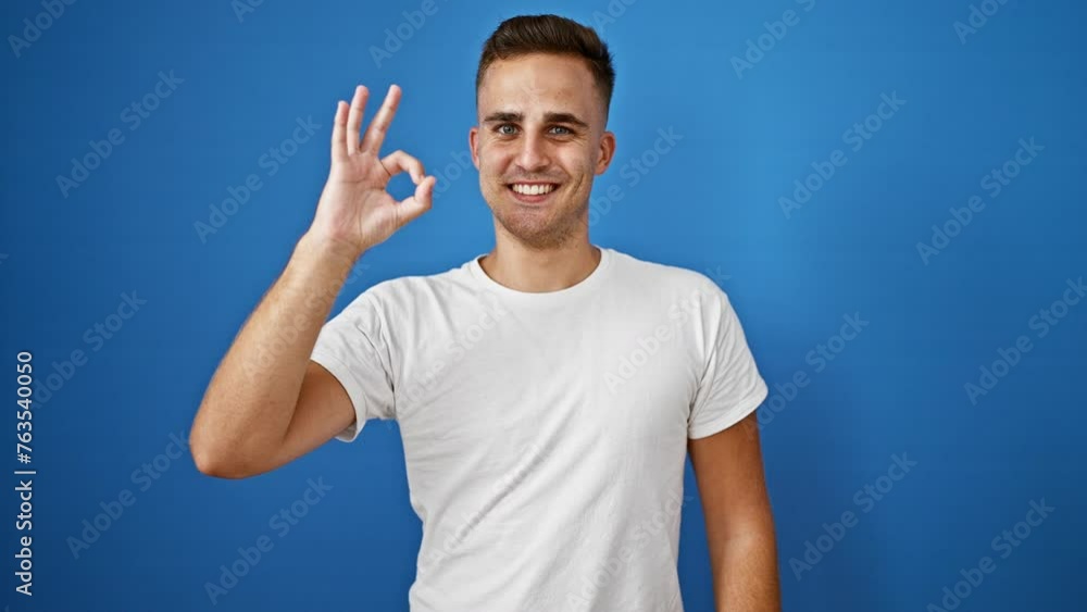 Portrait of a smiling hispanic man making an 'okay' gesture in front of a blue wall. Portrait of a smiling hispanic man making an 'okay' gesture in front of a blue wall.