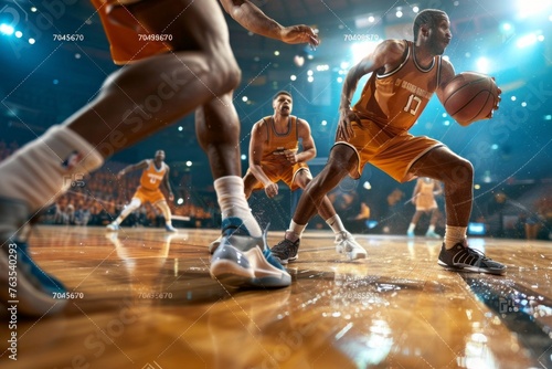 Stunning viewpoint of a basketball player doing a layup shot with opponents defending in an indoor court photo