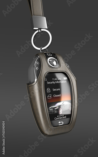Car remote control key in lather case realistic perspective view 3d render on darck