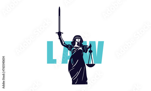 THEMIS LADY JUSTICE LOGO, silhouette of woman hero bring sword and scales vector illustrations