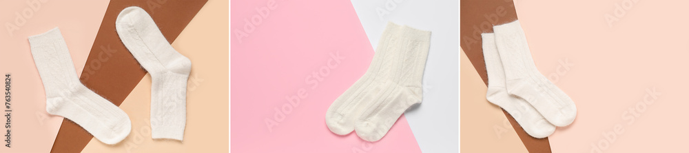 Set of warm knitted socks on color background Set of warm knitted socks on color background