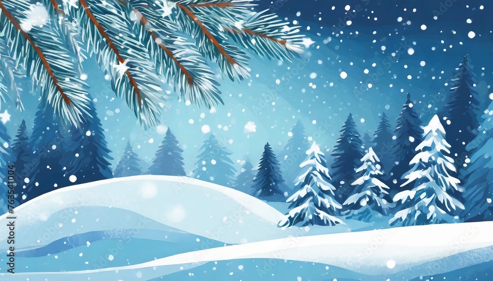 merry christmas and happy new year greeting card winter landscape with snow christmas background with fir tree branch