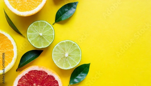 flat lay composition with slices of fresh lemon orange grapefruit lime green leaves on yellow background top view copy space citrus juice concept vitamin c fruits creative summer background photo