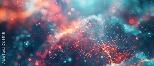 A colorful, blurry background with a few red dots. The background is blue and orange