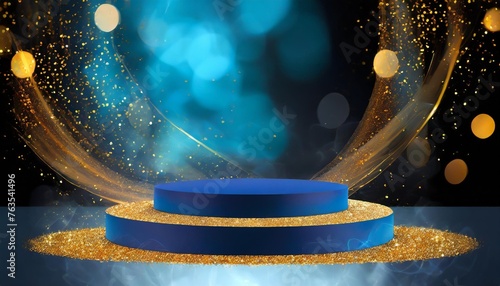 round blue podium for the presentation of luxury products gold glitter and blur glow smoke dark background