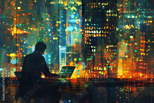 An abstract background featuring a businessman working late on his laptop in a modern office