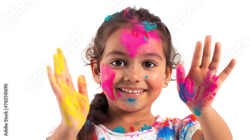 Happy Holi Greeting - Cute little Indian girl with colourful hands  isolated over white background