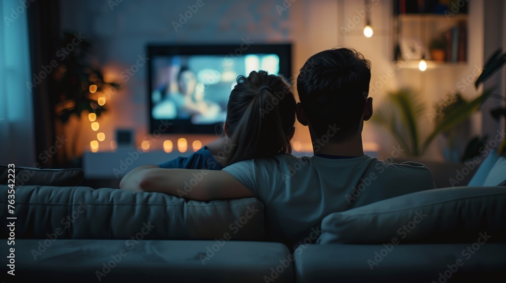 Back view of couple is liying on a sofa and watching tv Back view of couple is liying on a sofa and watching tv