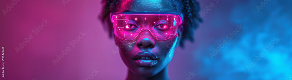 woman dark - skinned wearing VR glasses virtual global world internet connection and a new experience in the future metaverse. Metaverse technology concept: innovation of the futuristic. woman dark - skinned wearing VR glasses virtual global world internet connection and a new experience in the future metaverse. Metaverse technology concept: innovation of the futuristic.