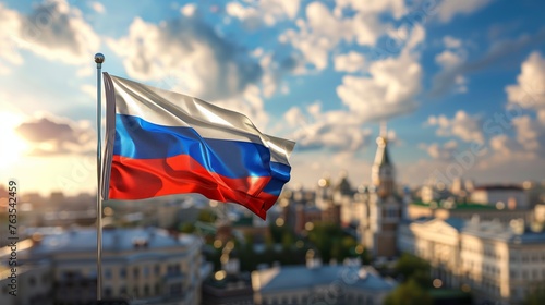 Russia Flag Waving Proudly Blue Sky with Clouds blured city view