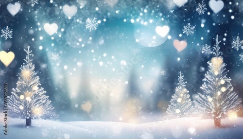 st valentine s day winter blurred background with glowing hearts xmas trees with snow holiday festive background widescreen backdrop new year winter art design with snowflakes nature scene