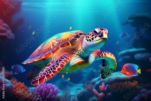 Beautiful majestic sea turtle gracefully gliding through the colorful and vibrant underwater world © firax