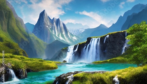 fantasy landscape with a waterfall in the mountains 3d rendering © Charlotte