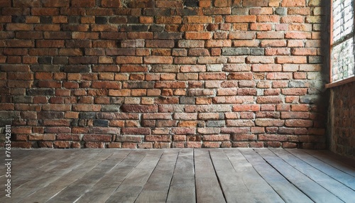 brick loft wall background grey floor and light from window empty room with brick wall and wooden floor window light interior with red brick wall