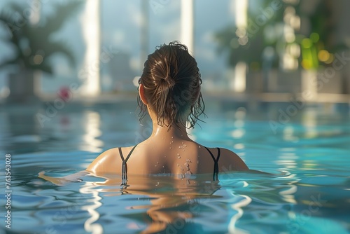 Rear view of a young woman standing in a swimming pool, Ai Generated